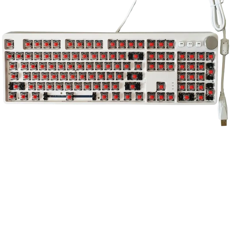White USB keyboard with red MX switches, no keycaps